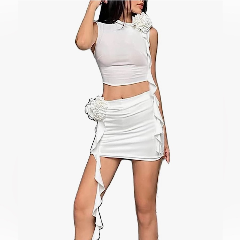 Two piece Women Short Sleeve Crop Tank Top Ruched Short Skirt with Flowers - Picture 2 of 2